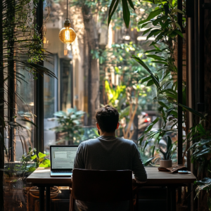 Individual working remotely on a laptop in an inspiring outdoor setting with panoramic views.