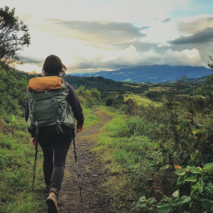 Traveler navigating a remote trail in a vast natural landscape with mountains and native vegetation.