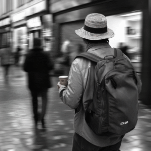 Traveler scanning a busy plaza for exits and crowd flow