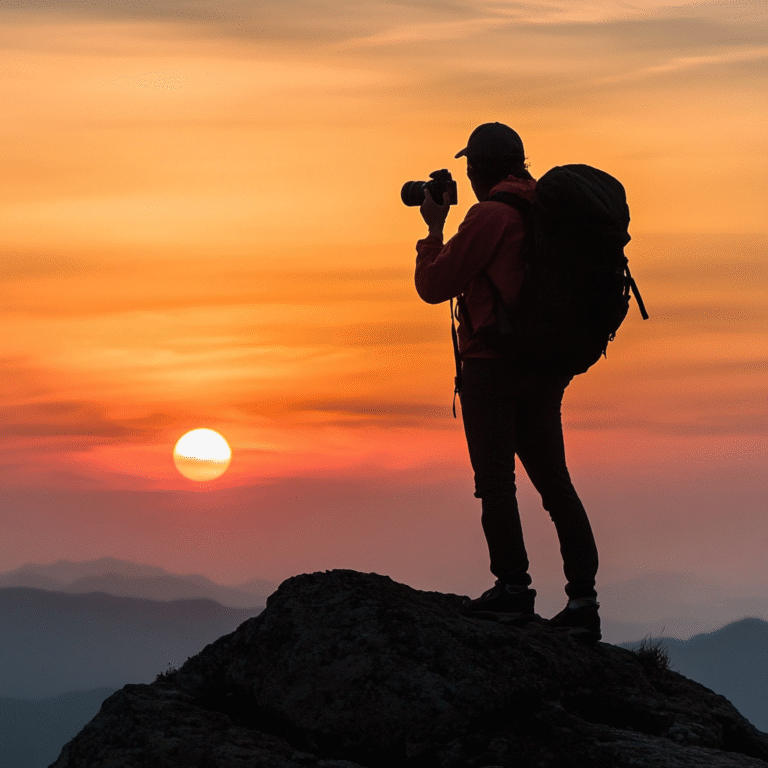 Silhouette of traveler with backpack and camera against sunset with security icons