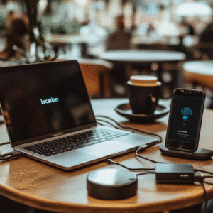 Laptop secured with Kensington lock and smartphone showing tracking icon