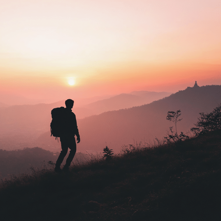 Silhouette of a backpacker on a hill with film reel overlay and sunrise horizon