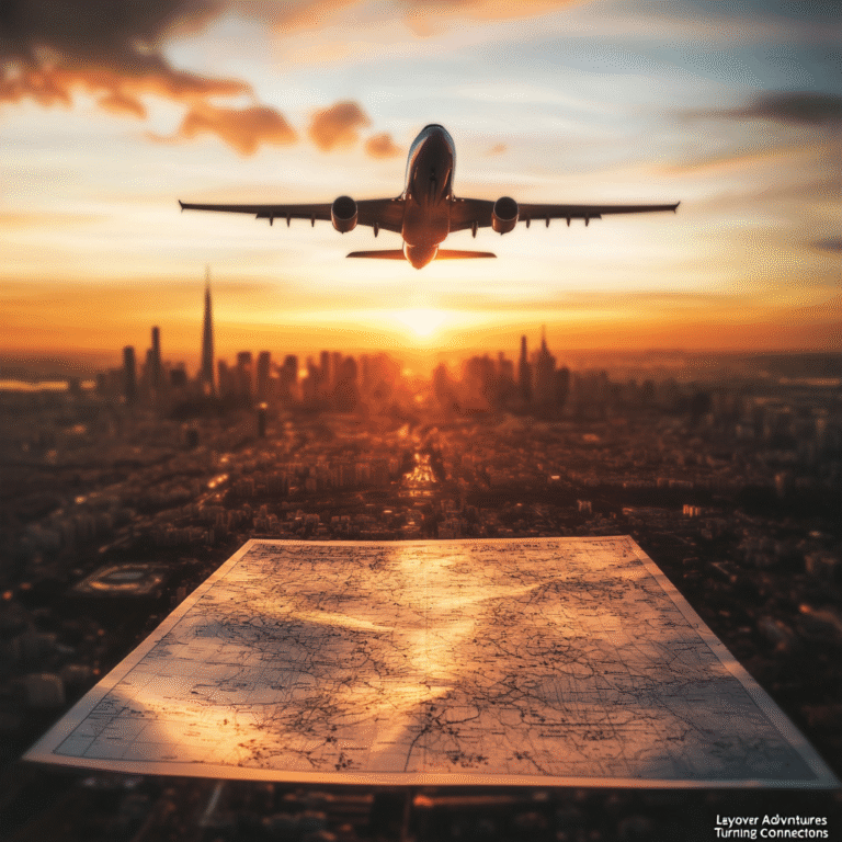 Traveler silhouette holding map against city skyline and plane taking off