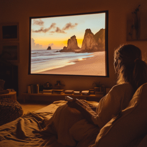 Viewer in armchair watching a sunset beach scene on large screen