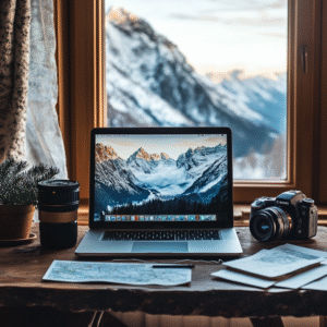 Laptop on wooden table playing a mountain travel documentary in high definition
