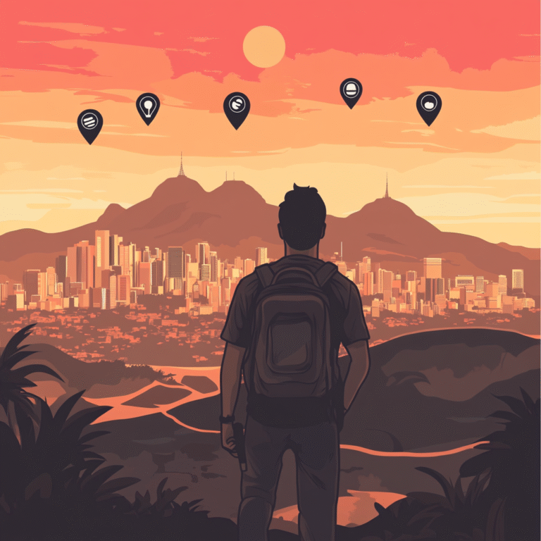 Silhouette of traveler pointing at plant icons and location markers against city and nature backdrop