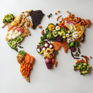 Stylized world map with vegan food icons marking global plant-based hotspots